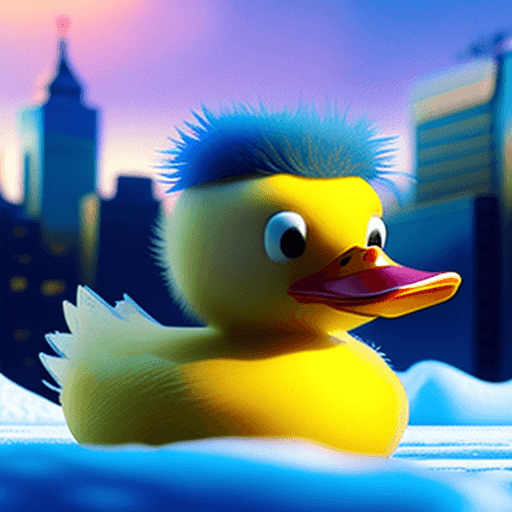 AI generated: Super-HAIRY DUCKIE" masterpiece concept art: A [Super-HAIRY DUCKIE] open poised amidst a frozen city...