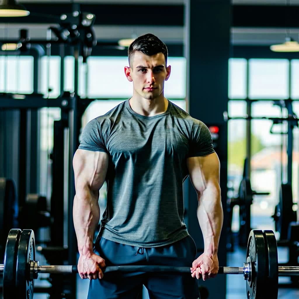 AI generated: A 29-year-old Croatian man in a modern gym setting, engaged in an intense workout. He has an athleti...