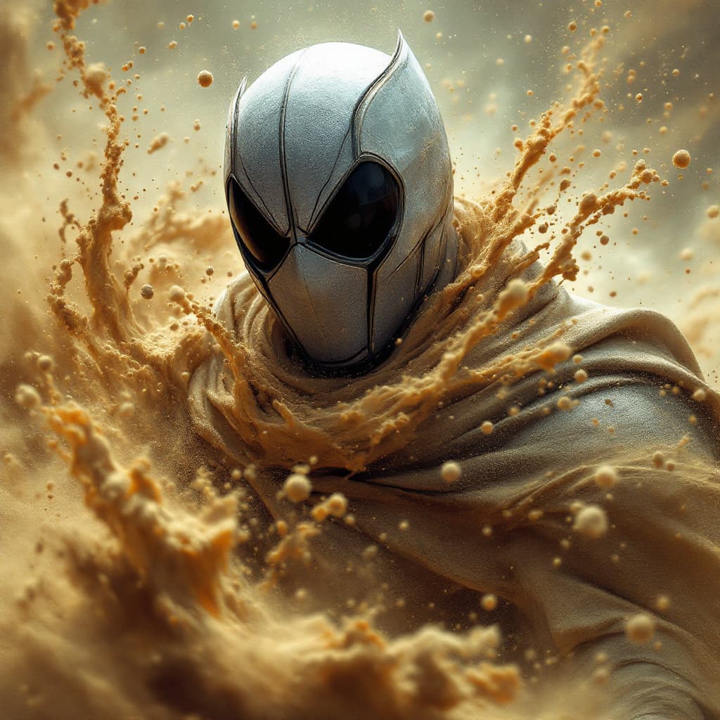 AI generated: Moon Knight dissolving into swirling sand, ultra-realistic, in the style of Marvel Comics, volumetri...