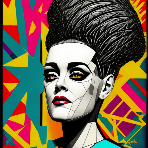 AI generated: geometric abstract portrait of Bride of Frankenstein, bright vibrant colorful, shepard fairey --aspe...