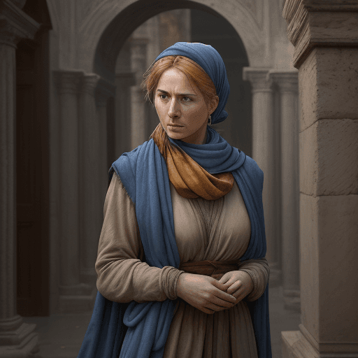 AI generated:  a woman wearing a blue scarf, in the style of biblical drama, light brown and amber, ancient rome, ...