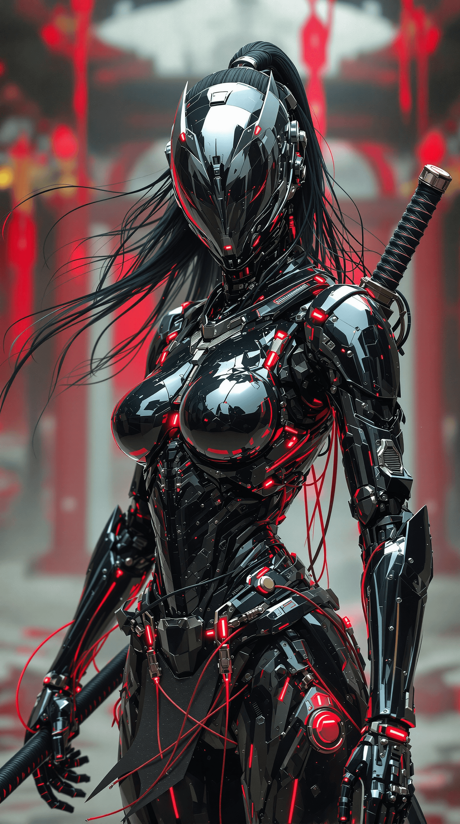 AI generated: in the style of ck-sfc, female cyberpunk robot samurai, robot face with mirrored face shield, hyperd...