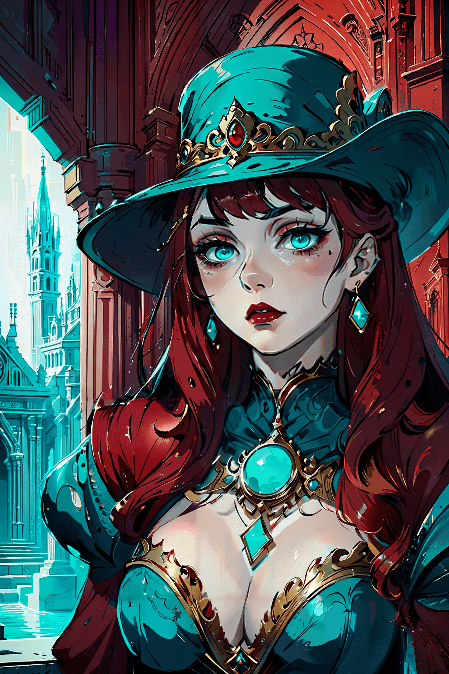 AI generated: Gothic architecture Beautiful ethereal woman. color scheme of turquoise and red., wearing turquoise ...