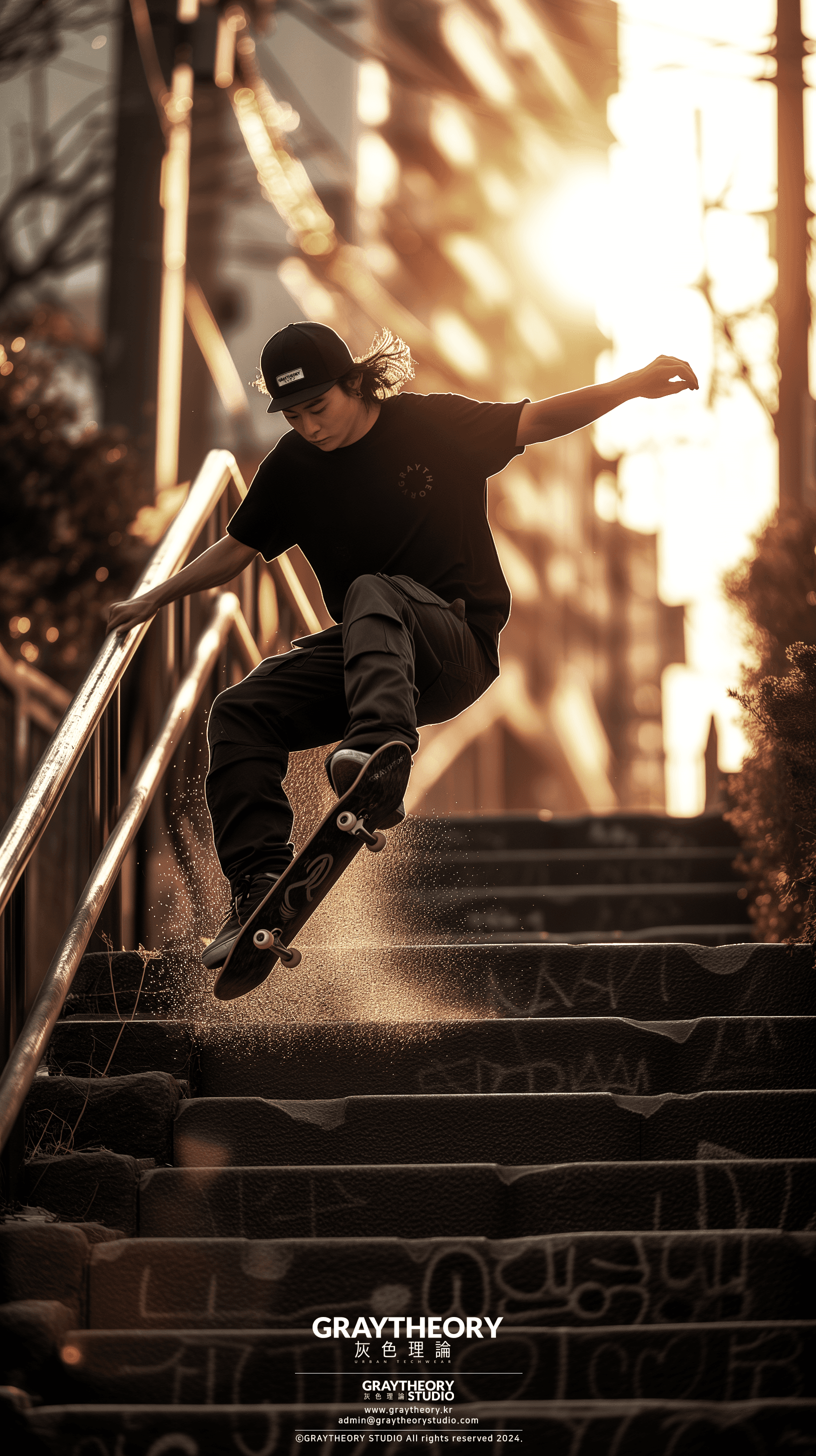 AI generated: dynamic shooting, distance range, big stair rail in the seoul city, grind and slide moment