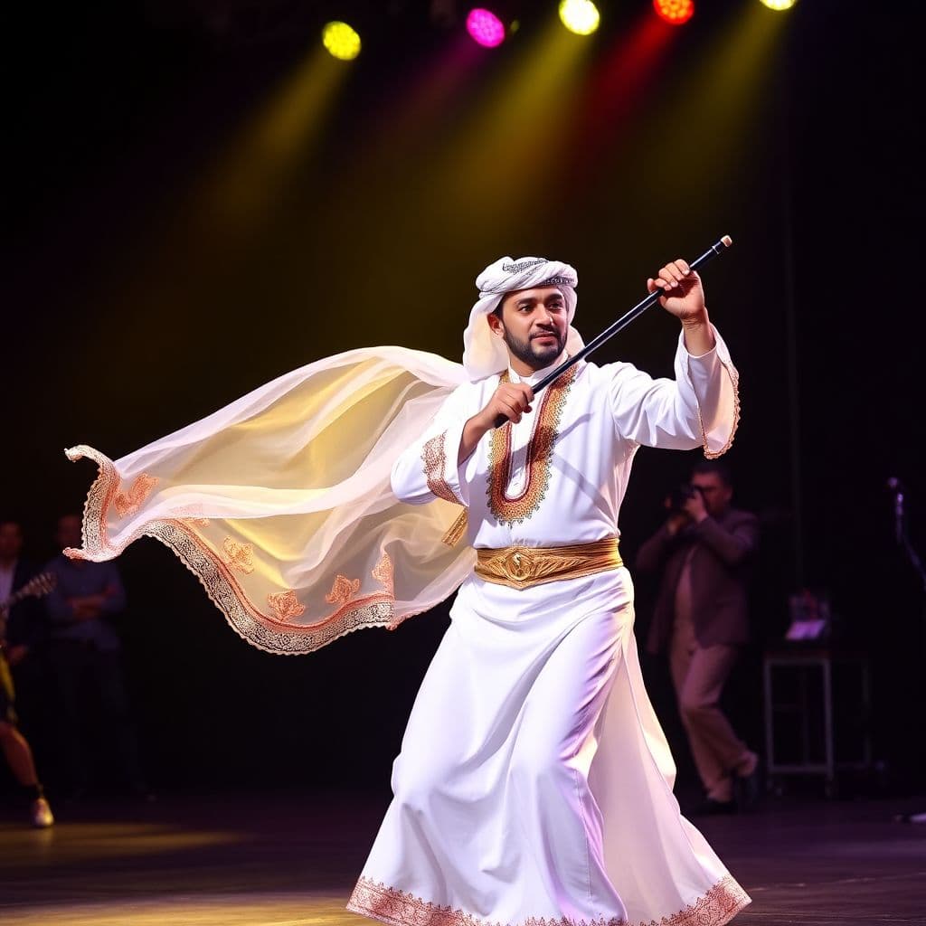 AI generated: dancer Arabic on stage with trump 