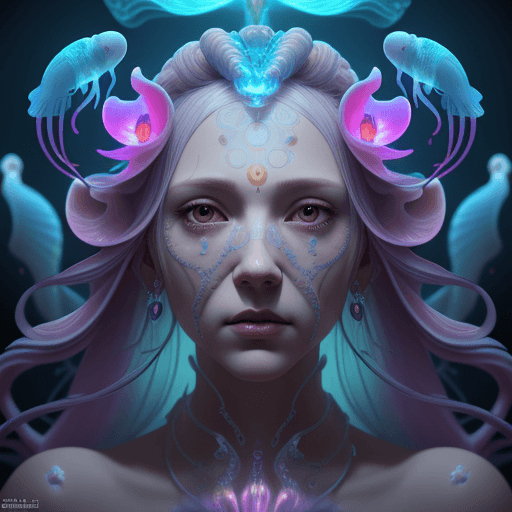 AI generated: Goddess close-up portrait ribcagel. jellyfish phoenix head, nautilus, orchid, skull, betta fish, bio...