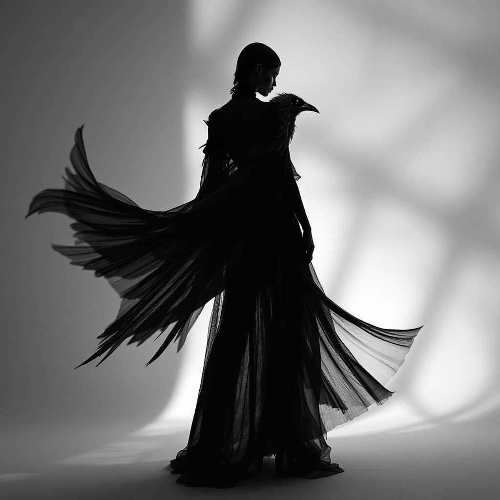 AI generated: a conceptual infrared black and white image of a fashion piece resembling a living shadow—a black bi...