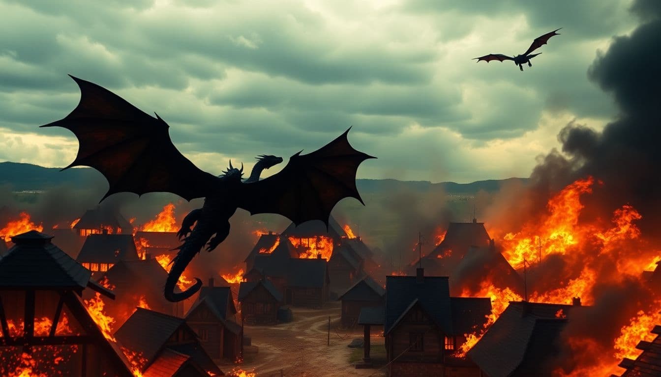 AI generated: The image depicts a dramatic and intense scene of a village in flames, with a large black dragon fly...