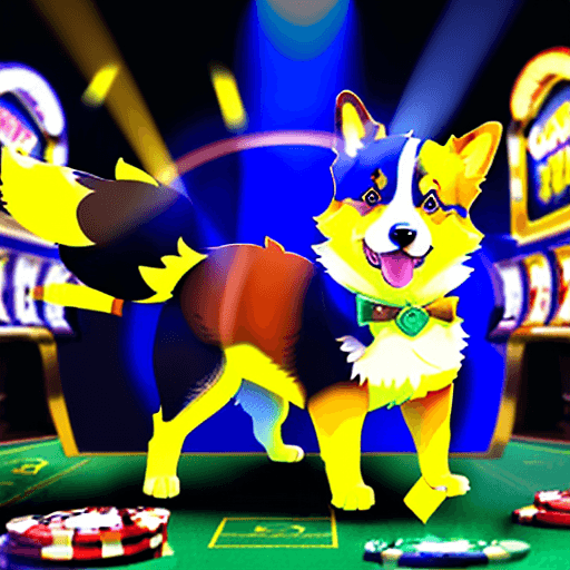 AI generated: A cool alpha dog welsh corgi in casino gambling, wagging its tail happily, in the style of Caricatur...