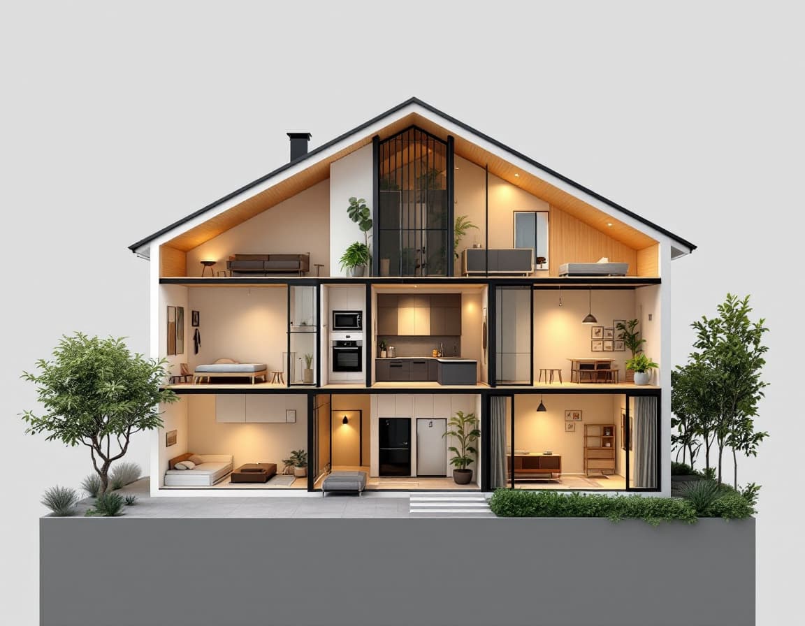 AI generated: A 3d cross-section of a house, shown in a front-facing view. The house must include the following ro...