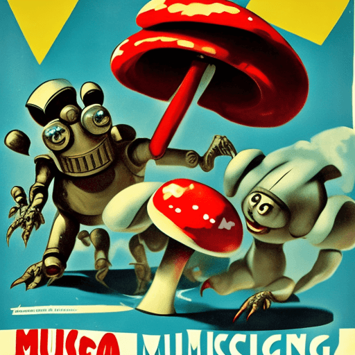 AI generated: 50s movie poster, mushroom monster fighting mecha