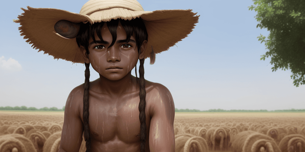 AI generated: Younger Ram working in the fields, sweating under the hot sun. ram is a young boy