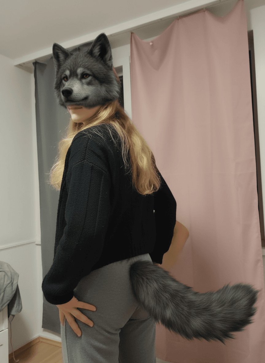 AI generated: Hands grabbing butt. Wolf ears move, twitch and swivel. Tail swishes and moves.
