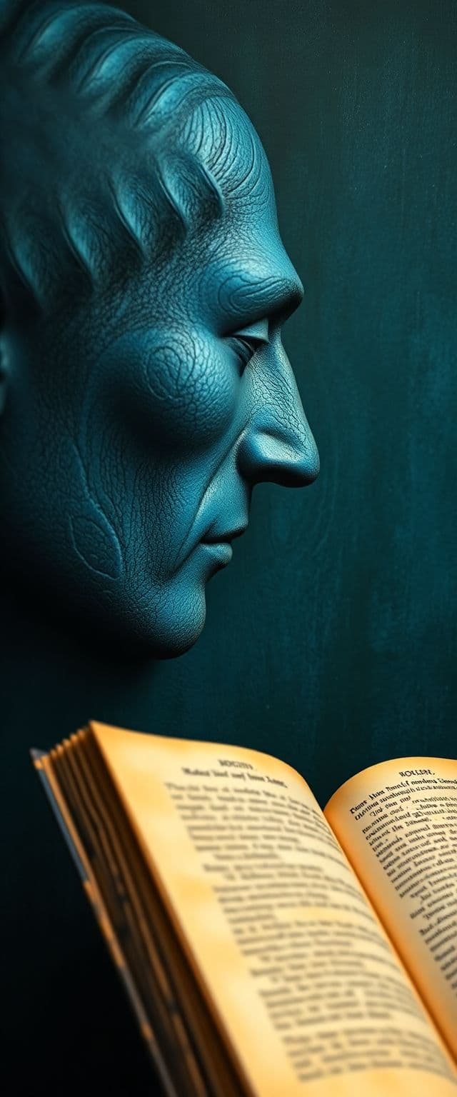 AI generated: The course of human evolution with a book of blue and black creamy color portrait