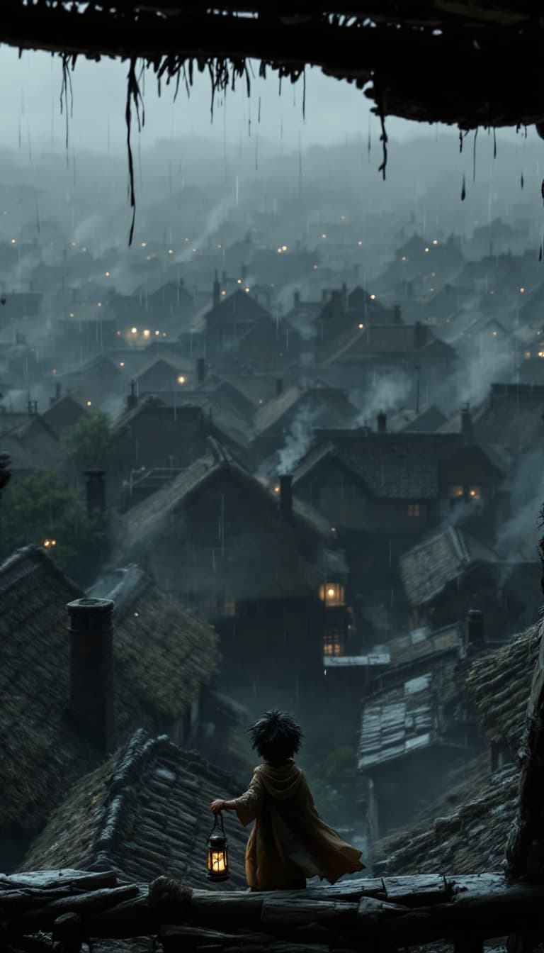 AI generated: Shot Type: Wide
Description: A sweeping aerial view of an old rural village at dusk, with thatched r...