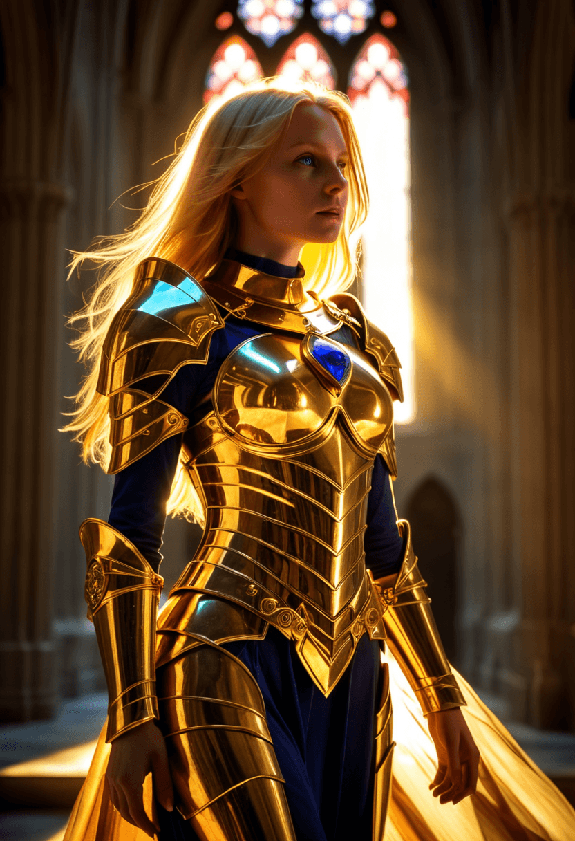 AI generated: dreamscape, epic, mystical, she wears glowing golden armor, glowing sapphire gemstones, golden sunli...