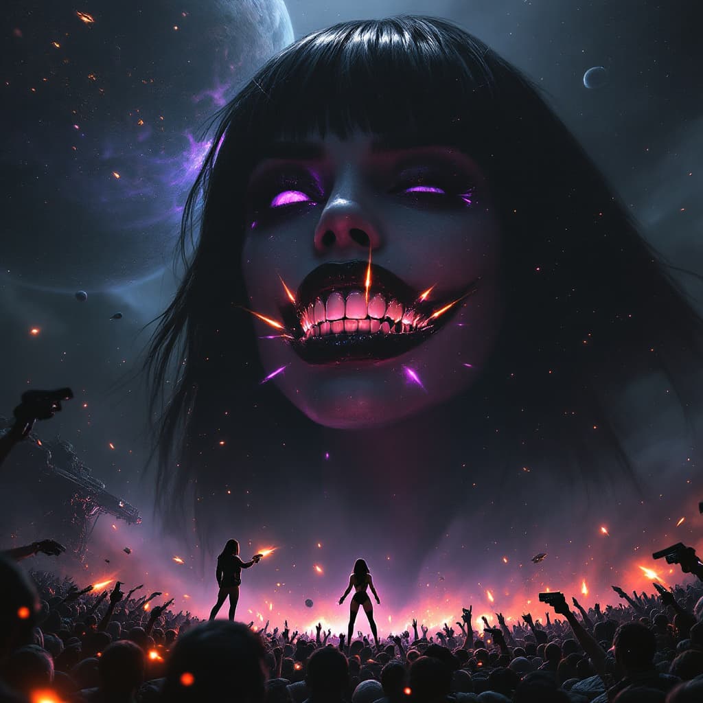 AI generated: enormous giantess female who looks exactly like WWE superstar 
 Rhea Ripley with black medium length...