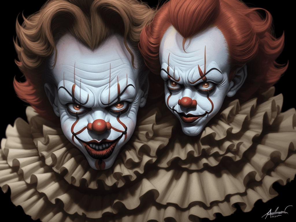AI generated: payaso aterrador Pennywise, infernal, horror, atmósfera infernal e diabólica , pintura digital, 8k, ...