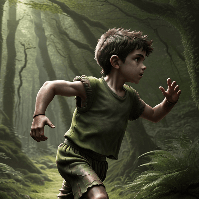 AI generated:  a young prehistoric boy running in a prehistoric forest, side  view, 8k