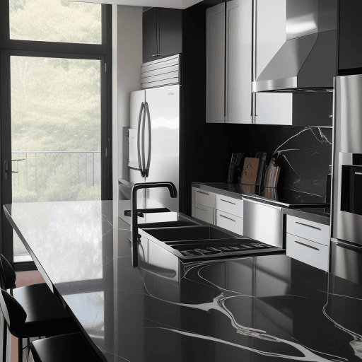 AI generated: side view, Create a contemporary kitchen using a Sony A7 III, 35mm f/2.8 lens. Highlight sleek black...