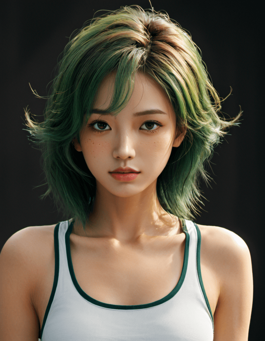 AI generated: Girl with green hair highlighted in a tank top. Her hair should be long and brown, cascading down he...