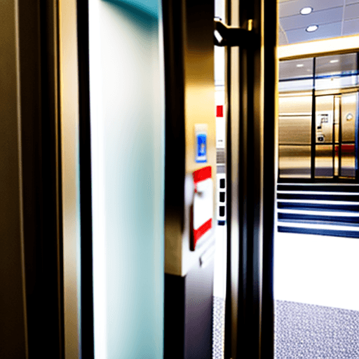 AI generated: view from inside a lift through the opening doors to the lobby and reception.
