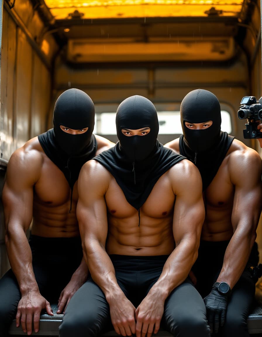 AI generated: Three muscular male Asian Chinese wear tight compression jammers arrested by policemen in day time. ...