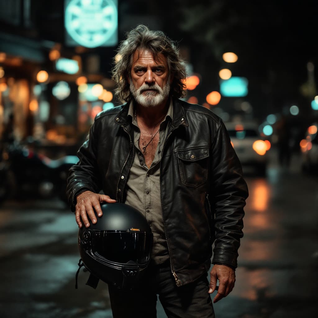 AI generated: photo of a middle-aged colombian long hair, 33 years old man, full body, wearing worn-out:1.2 leathe...