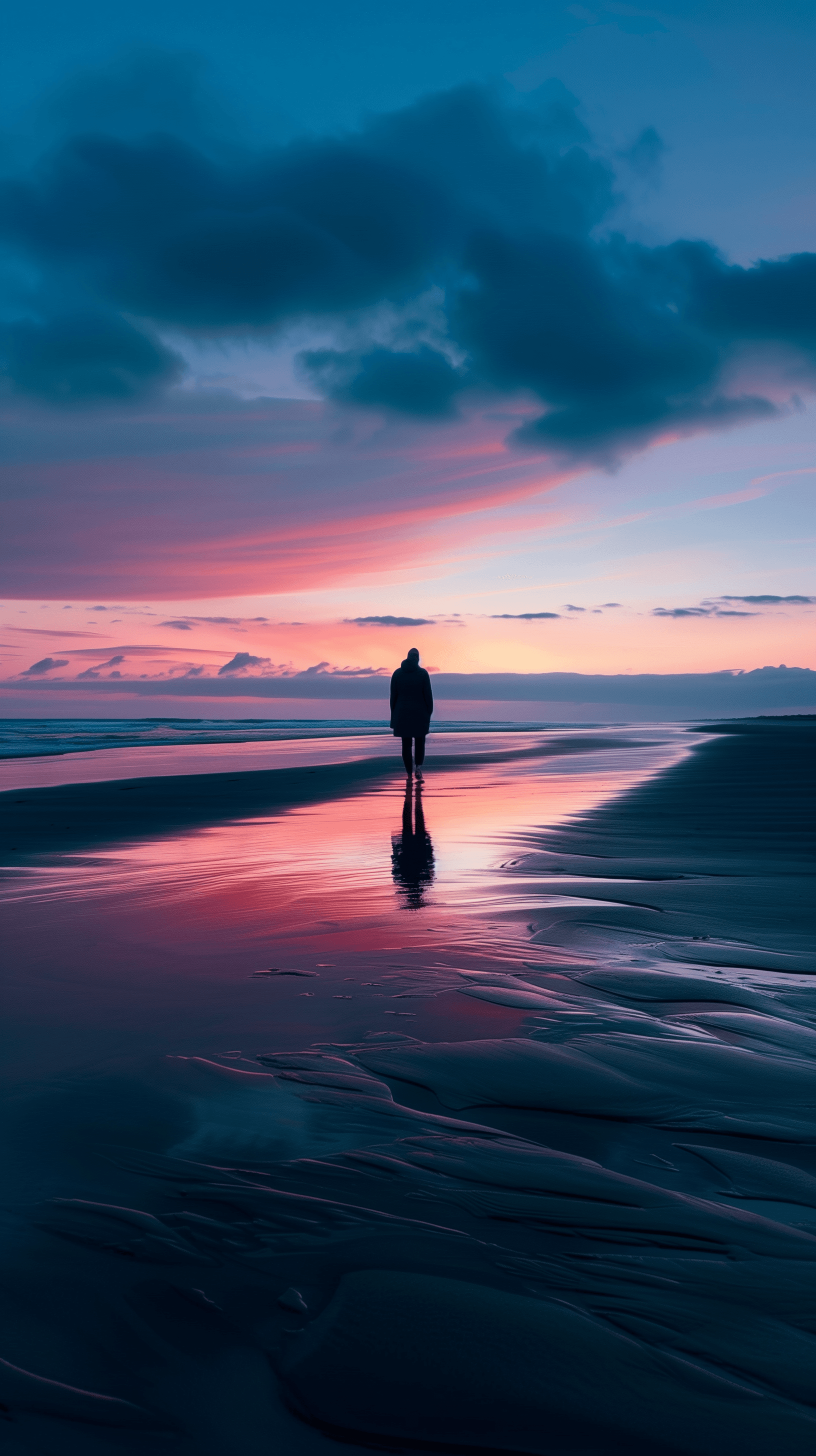 AI generated: illustrate, person walking along a beach at twilight, reflected in the wet sand, focus on creating a...
