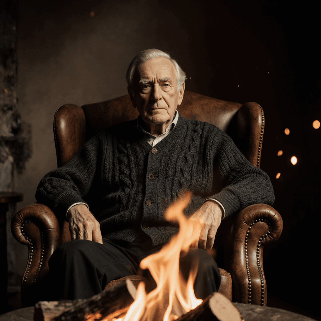AI generated: a cinematic portrait of a silver-haired elderly man in a charcoal cable-knit cardigan in soft amber ...