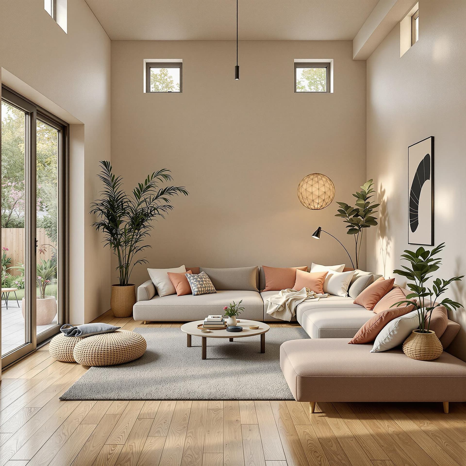 AI generated: High resolution photography interior design, dreamy sunken living room conversation pit, wooden floo...