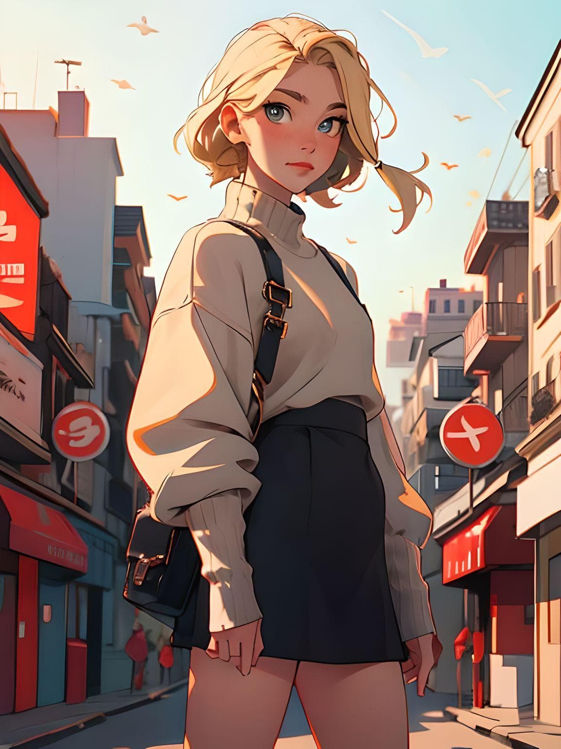 AI generated: masterpiece, best quality, agrias, grey sweater, black skirt, standing, looking at viewer, blonde ha...
