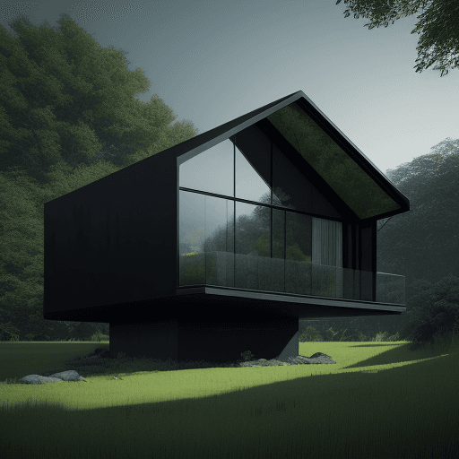 AI generated: Modern home made of black glass covered by lush green landscape, mysterious, octane render, cinemati...