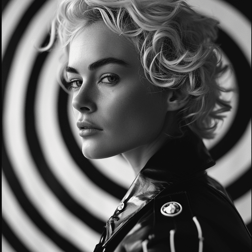 AI generated: Margot Robbie, op-art style, black and white dual tone, spiral background, Hasselblad 500 C/M, --cha...