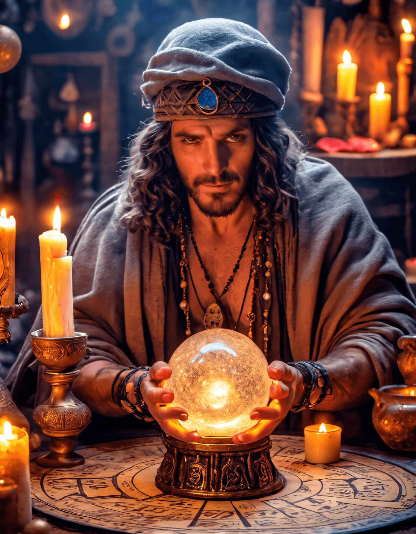 AI generated: Masterpiece, Best Quality, Mystical fortune teller , a rugged man , Crystal ball, tarot cards, incen...