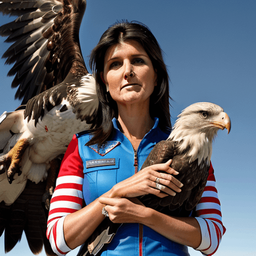 AI generated: nikki haley petting a large eagle with a red right wing, a blue left wing, vertical red and white st...