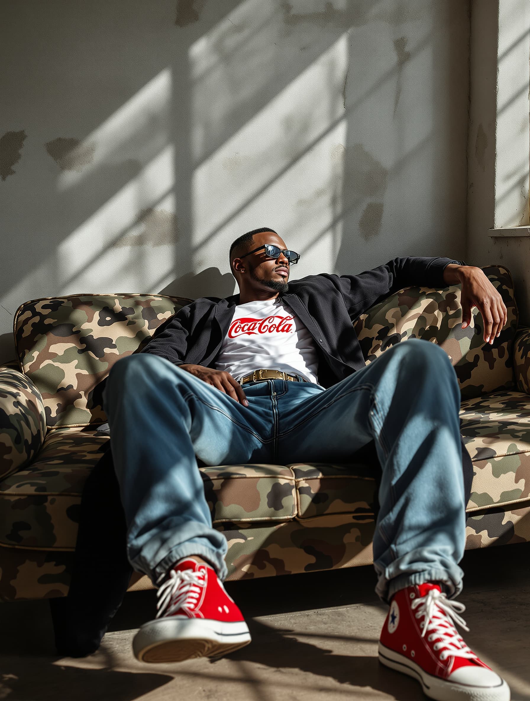 AI generated: photography, magazine cover, tilt shot, male, black model lounging on a worn camouflage sofa, casual...