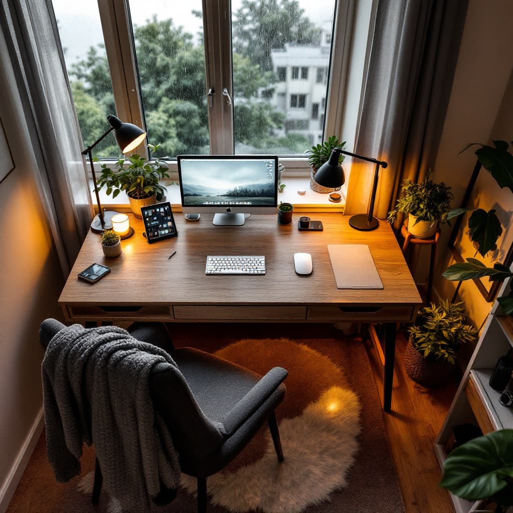 AI generated: scandinavian home office, natural oak desk, ambient lighting from window, rain outside. captured fro...