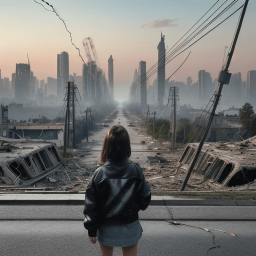 AI generated: A girl, wearing jacket, seeing the destroyed city, wide view, full scenario view from long distance,...
