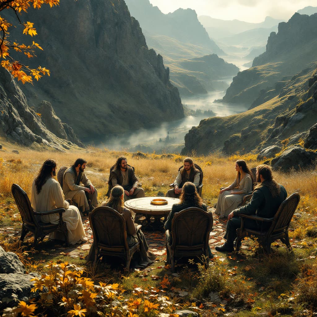 AI generated: Create an image of the Elrond's council of the movie Lord if the rings. Make it realistic as it was ...