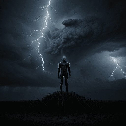 AI generated: Menacing figure stands tall amidst a foreboding storm with blue and red lightning looming on the hor...