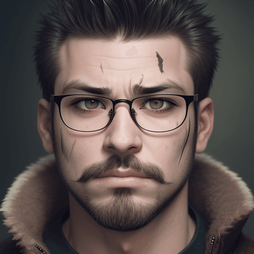AI generated: solo, looking at viewer, short hair, 1boy, male focus, glasses, facial hair, frown, scar, spiked hai...