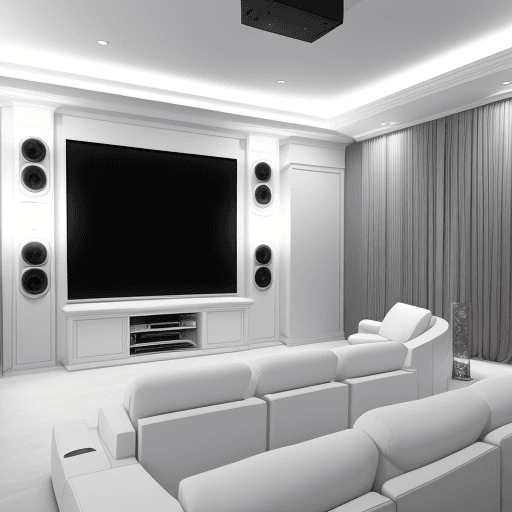 AI generated: all white, 3d render, cutout view of a high-end home theater with cutting edge electronics, large sp...