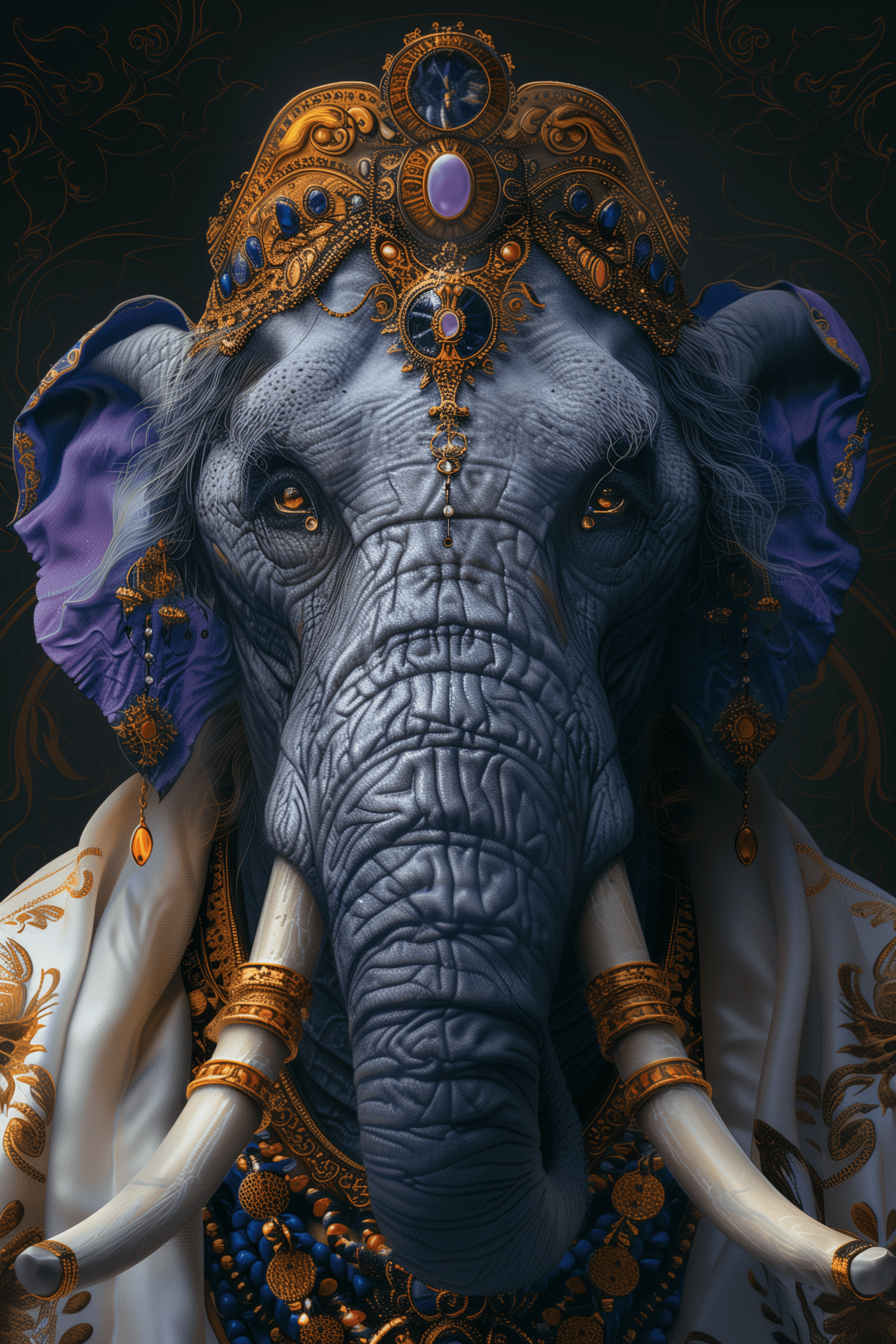 AI generated: a majestic, large mammal dressed in elegant white clothing, sophisticated sticker, intricate line ar...