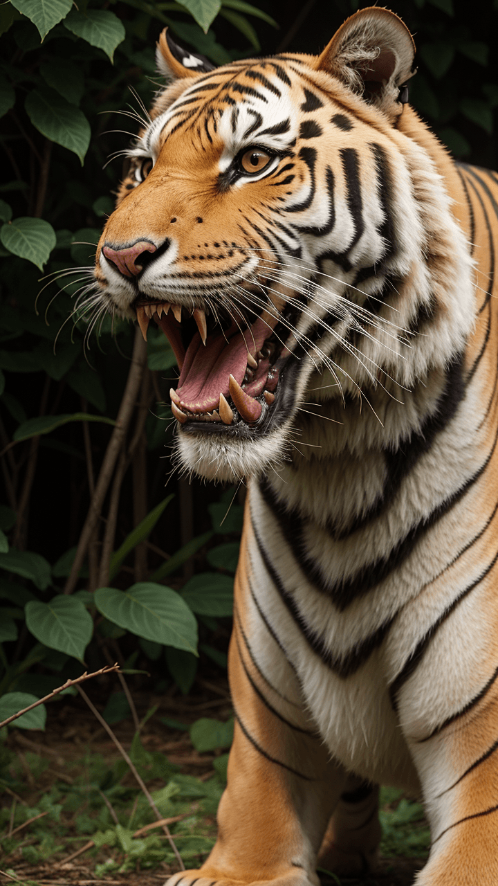 AI generated: digital art of a majestic tiger with blazing orange fur, baring its sharp teeth in a ferocious roar.