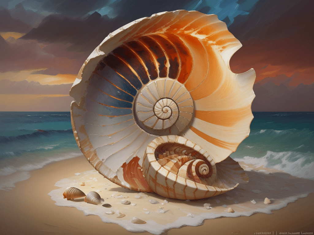 AI generated: palette knife oil painting of a nautilus shell cross section on a beach, style by leonid afremov and...