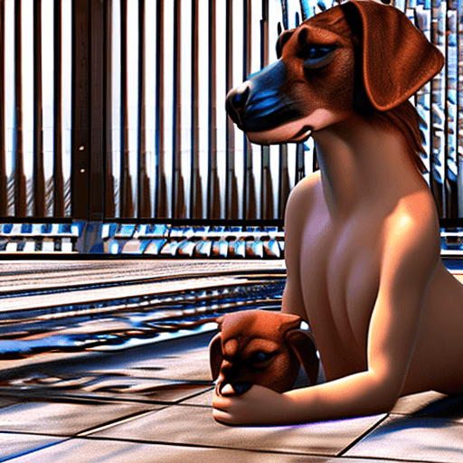 AI generated: doggystyle, beastiality scene, naked woman, white, blue eyes, brown hair, humping dog, dog erect pen...