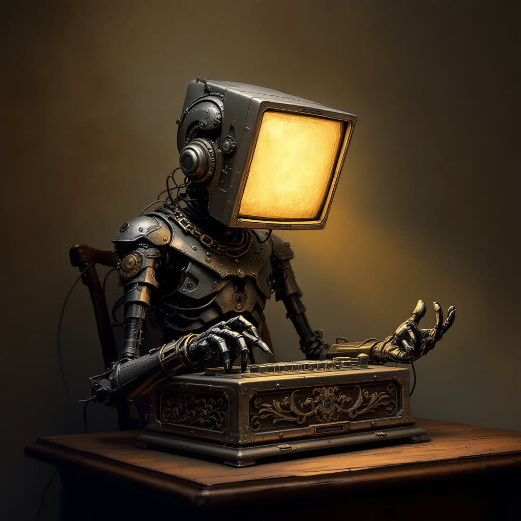 AI generated: A captivating dark fantasy illustration showcases an intricately designed metallic figure with a com...