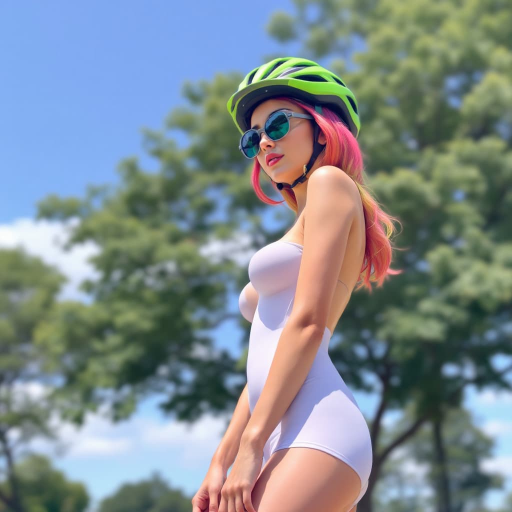AI generated: woman, bicycle helmet, sunglasses, bodysuit, shorts, <lora:b1keg1rl-v1:1>, petite, breasts, breast f...