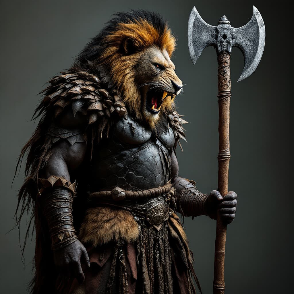 AI generated: A 14ft tall black African Warrior , with Zulu style armour holding a double sided Axe with the head ...